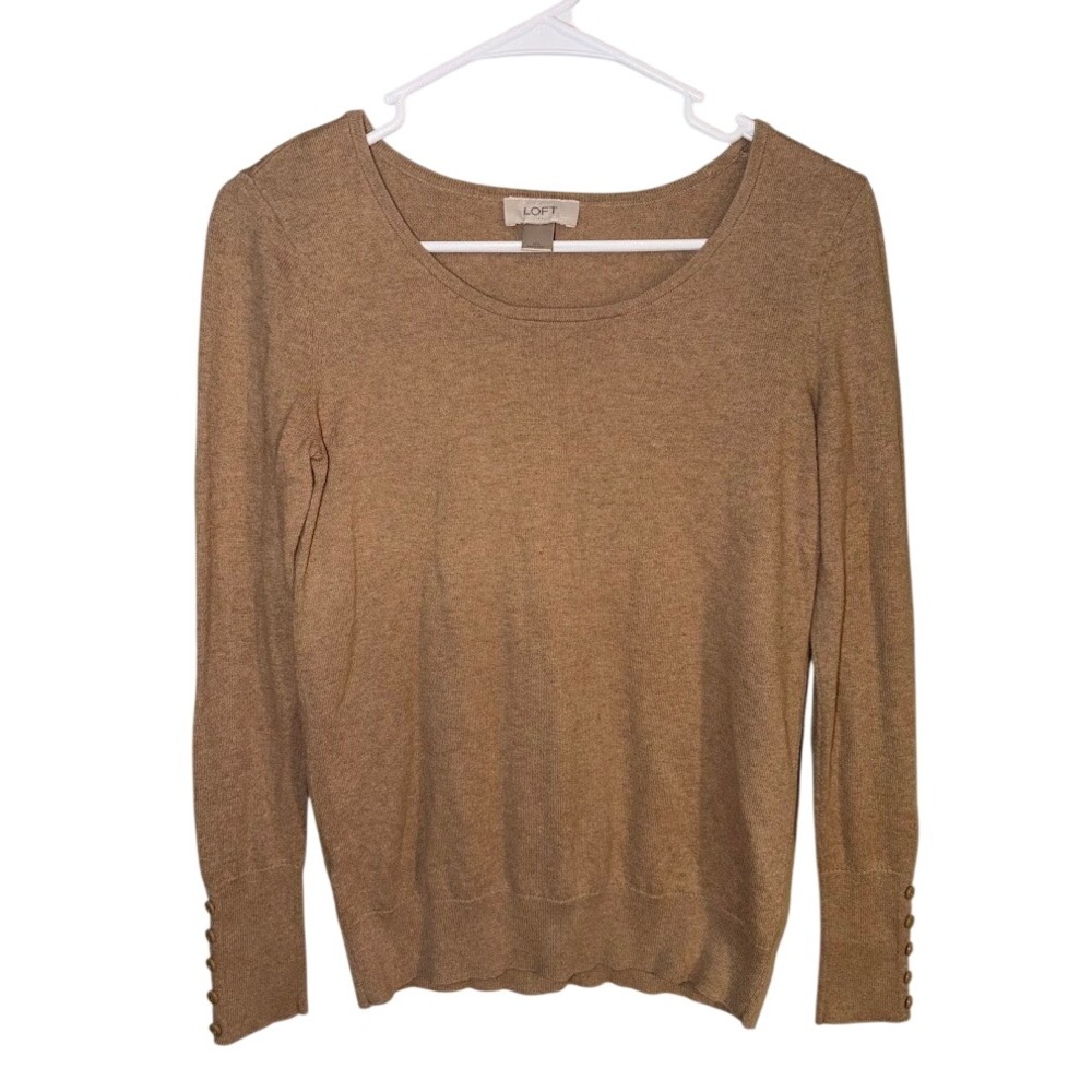 Loft Womens Camel Tan Scoop Neck Long Sleeve Button Cuff Knit Sweater Size XS